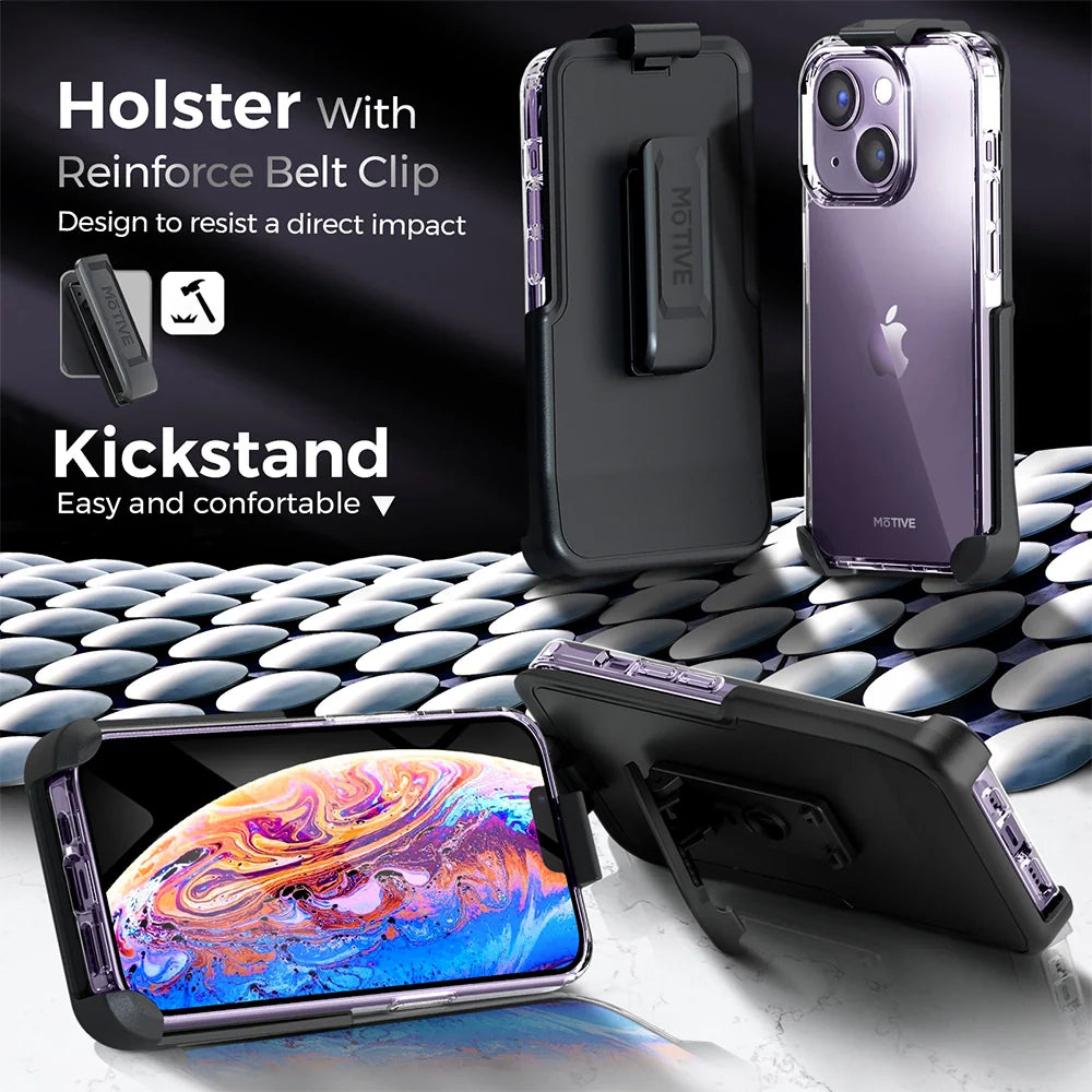 MOTIVE Belt Clip Case for iPhone 14 | Rugged Shockproof Holster + Kickstand