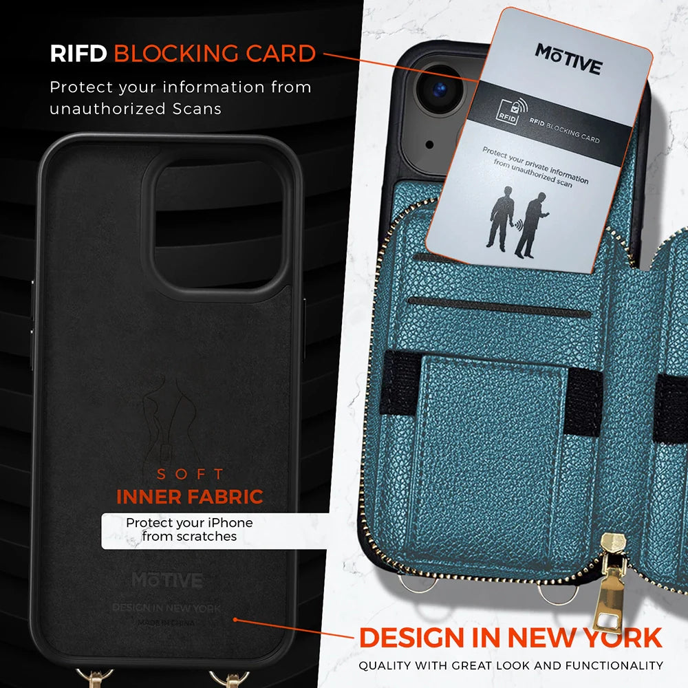 MOTIVE iPhone 14 Case with Card Holder | RFID-Blocking Crossbody Wallet