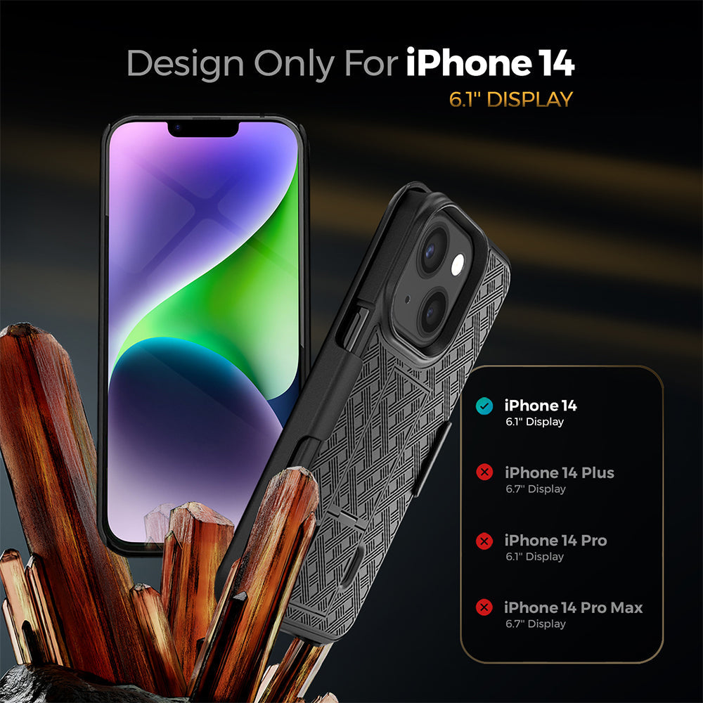 iPhone 14 holster case with belt clip, kickstand, and rugged design.