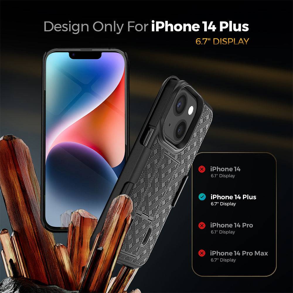 iPhone 14 Plus case with belt clip, durable protection, 6.7" display.
