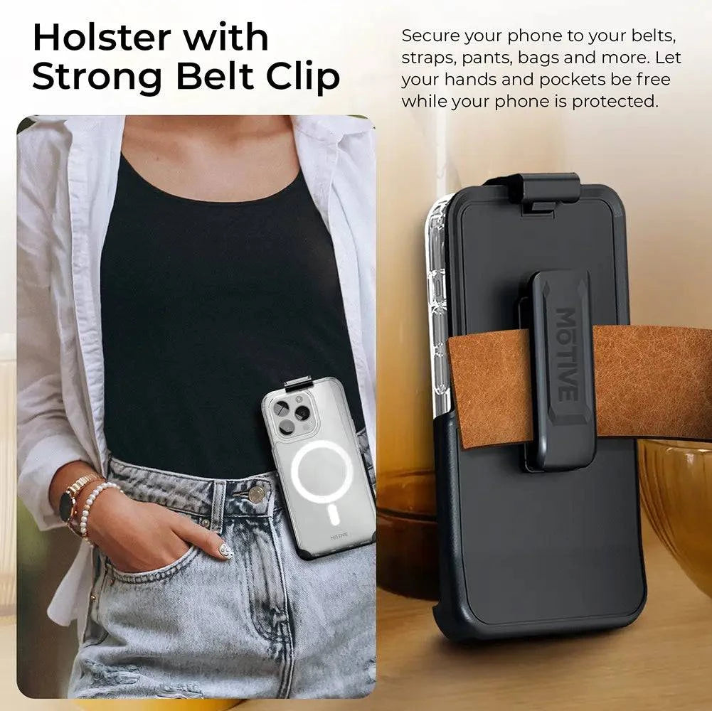 iPhone 15 Pro belt clip clear case and holster for secure and portable protection.