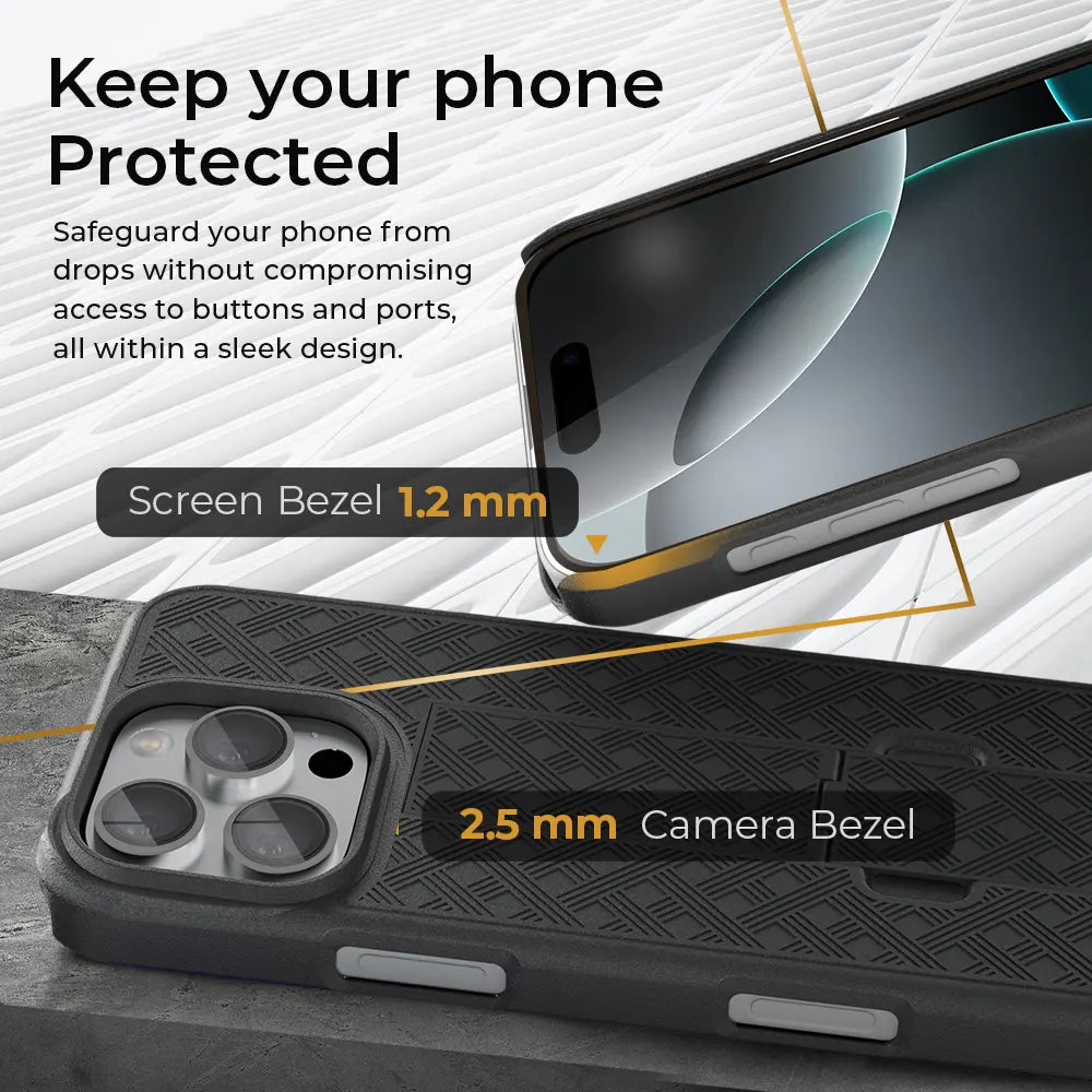 A black iPhone 16 Pro encased in a protective case with raised bezels for added screen and camera protection. Text reads "Keep your phone Protected: Safeguard your phone from drops without compromising access to buttons and ports, all within a sleek design. Screen Bezel 1.2mm, Camera Bezel 2.5mm."