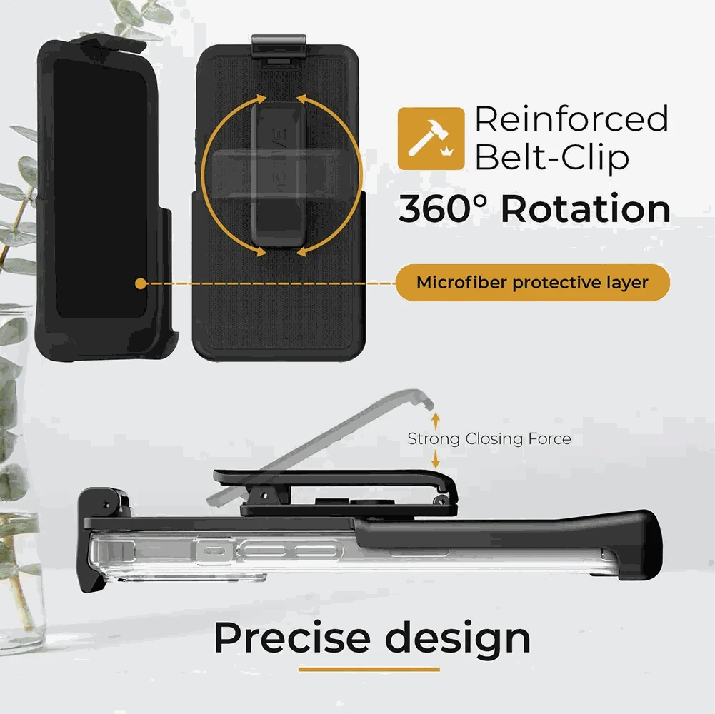 iPhone 15 Pro belt clip clear case with 360° rotation and microfiber protective layer.