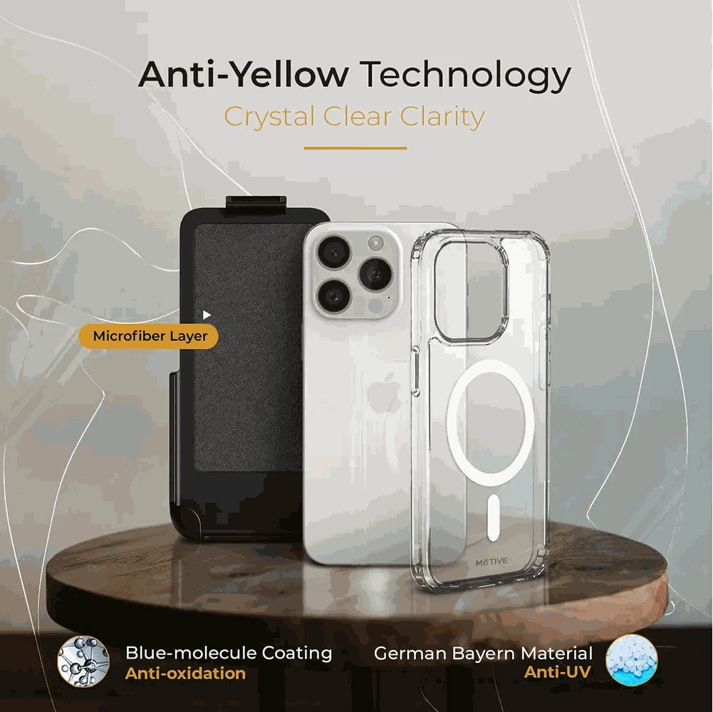 iPhone 15 Pro clear case and holster with anti-yellow technology and crystal clarity.