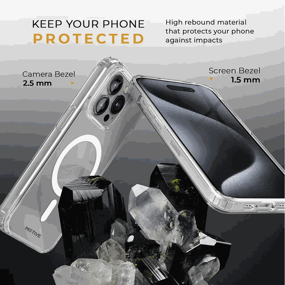 Clear iPhone 15 Pro case with belt clip and holster, showcasing screen and camera protection.