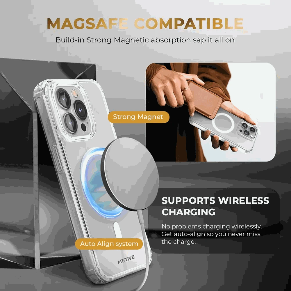 Clear iPhone 15 Pro case with belt clip and holster, MagSafe compatible, supports wireless charging.