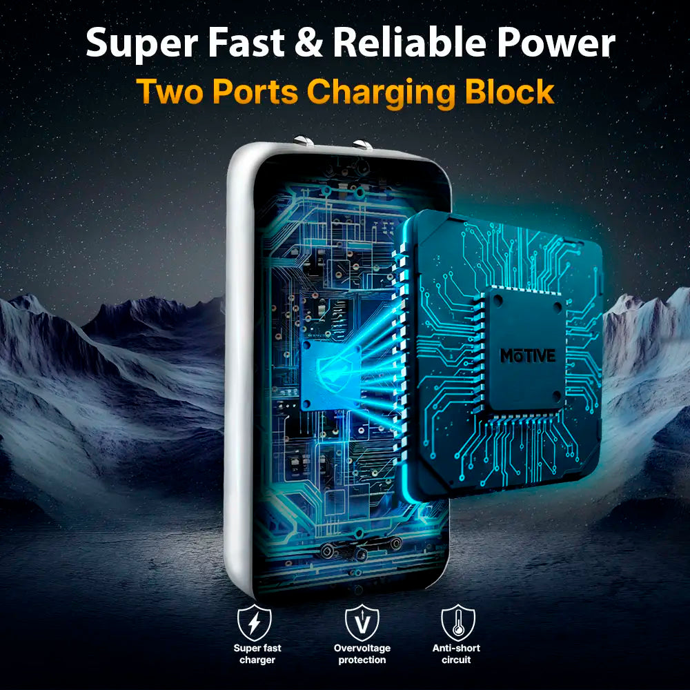 Flat wall charger with dual USB-C and USB-A ports for super fast charging, compact design for tight spaces.