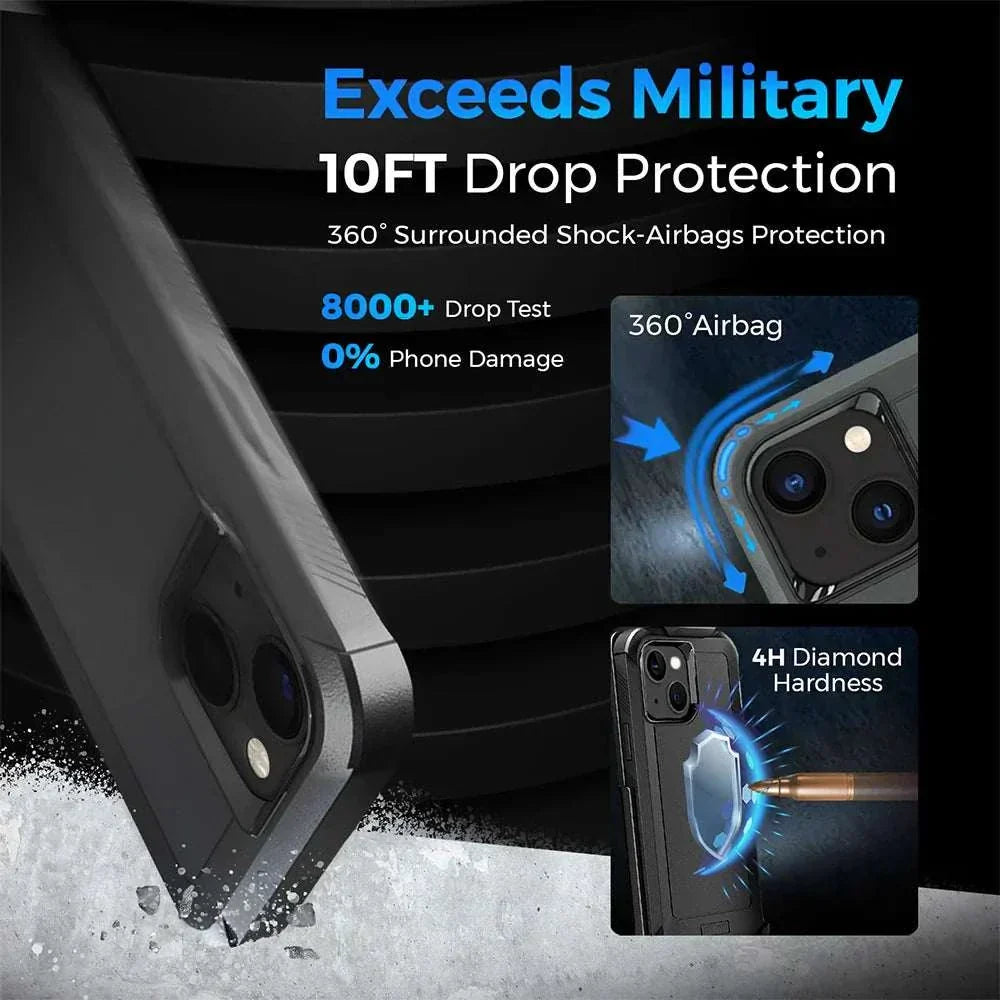 iPhone 14 Plus heavy-duty holster case with belt clip and military-grade shockproof protection.