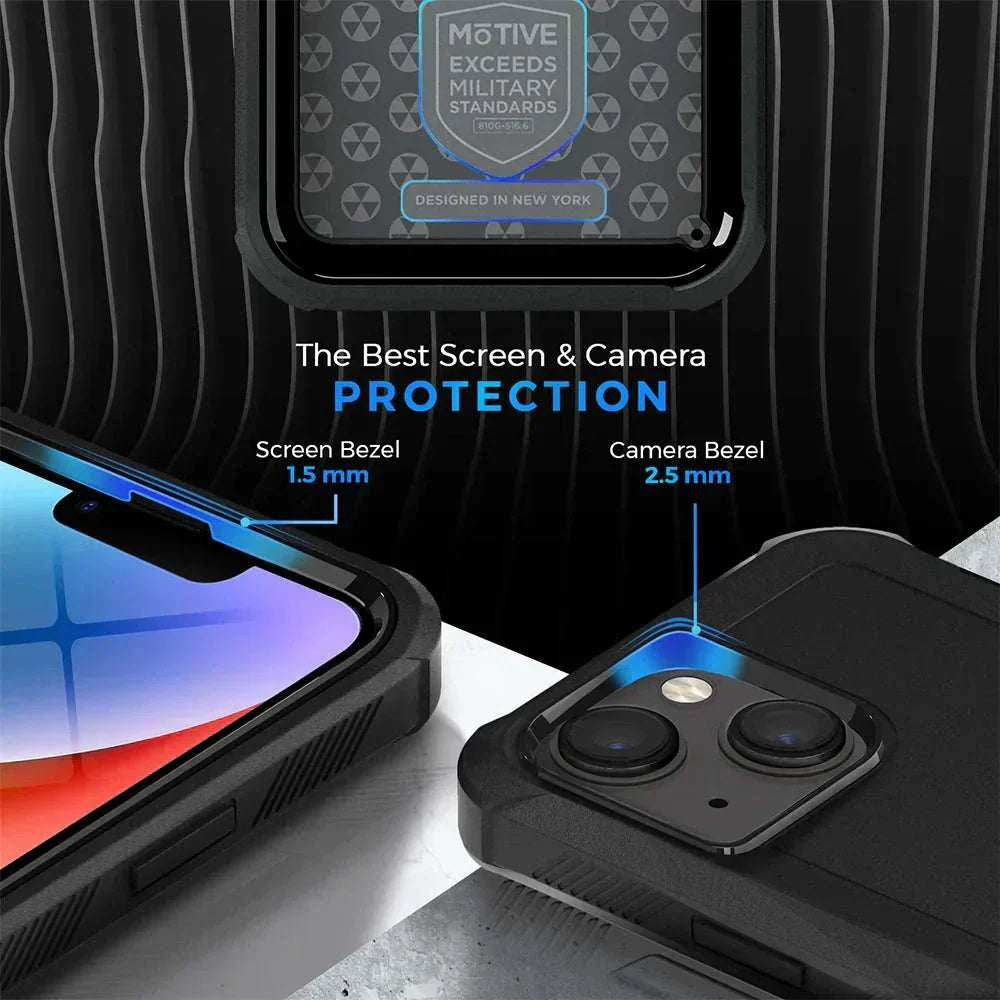 iPhone 14 Plus holster with screen and camera protection, rugged case design.