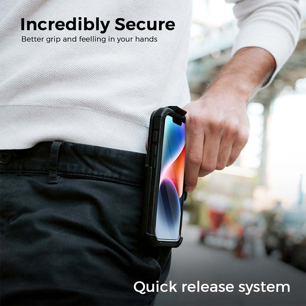 iPhone 14 Plus holster with heavy-duty case and belt clip in use, illustrating secure and convenient phone access.