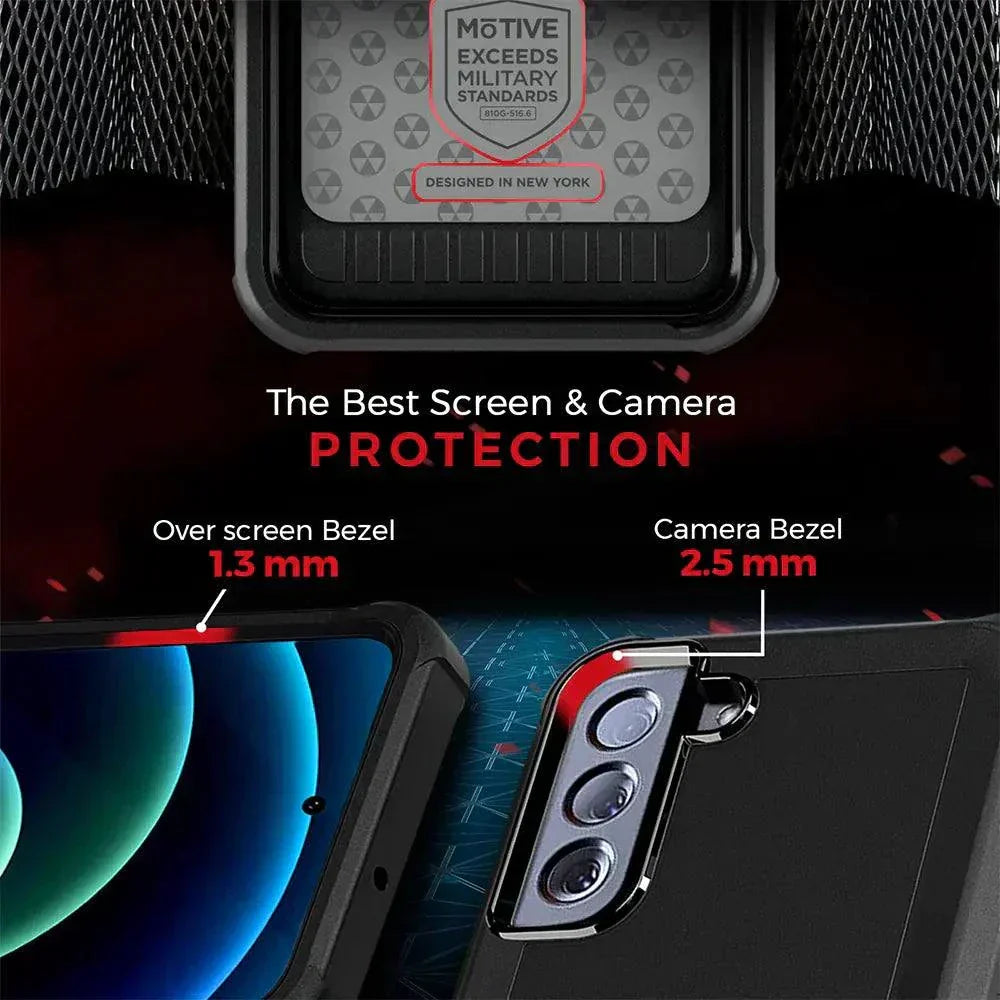 Samsung Galaxy S22 heavy-duty case with belt clip, highlighting rugged protection and screen bezels.
