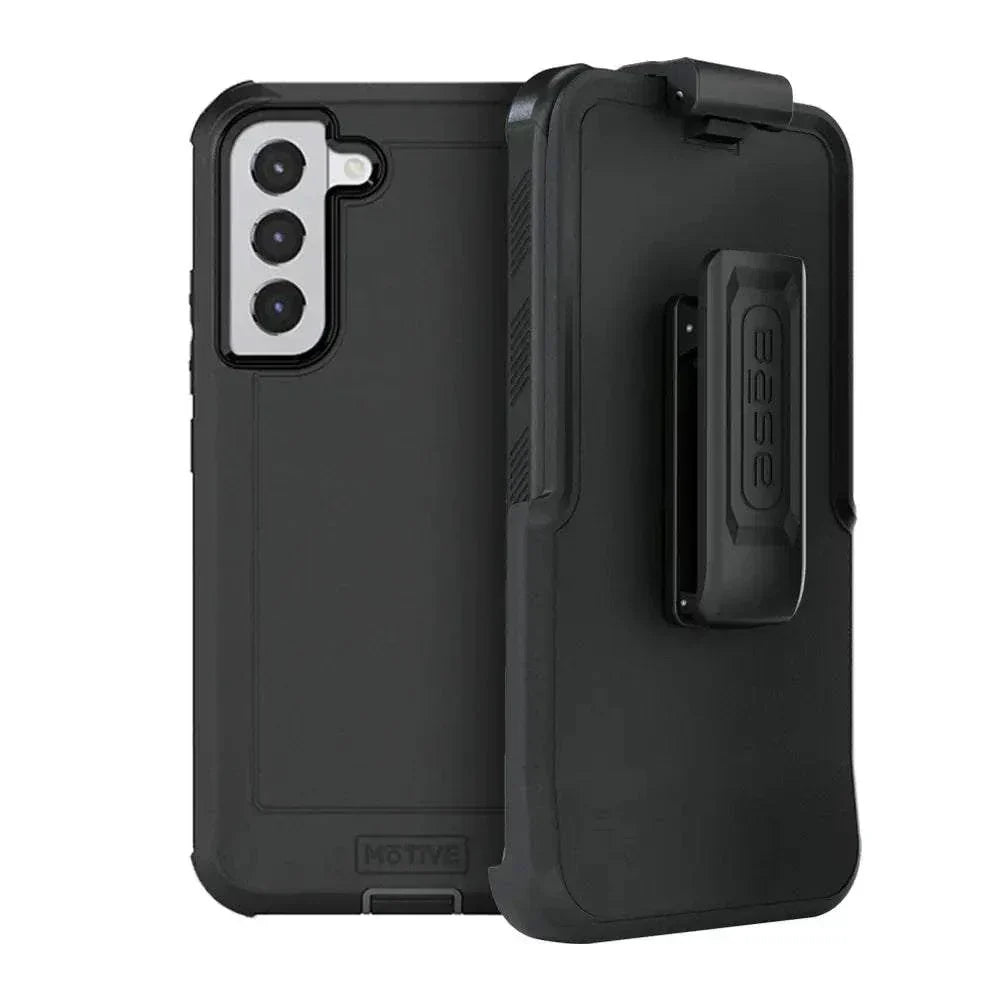 Samsung Galaxy S22 Plus case with belt clip, rugged design, black, military-grade shockproof protection.