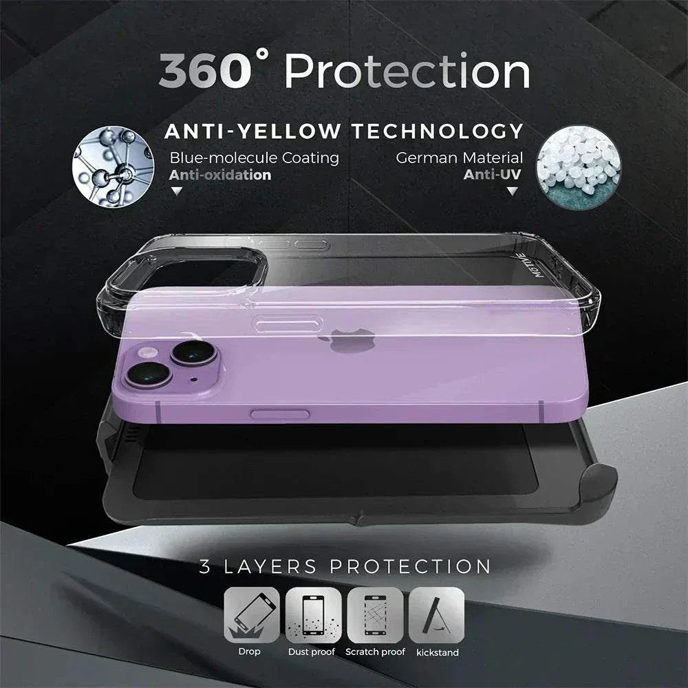 Clear iPhone 14 case with military-grade protection, holster, and kickstand.