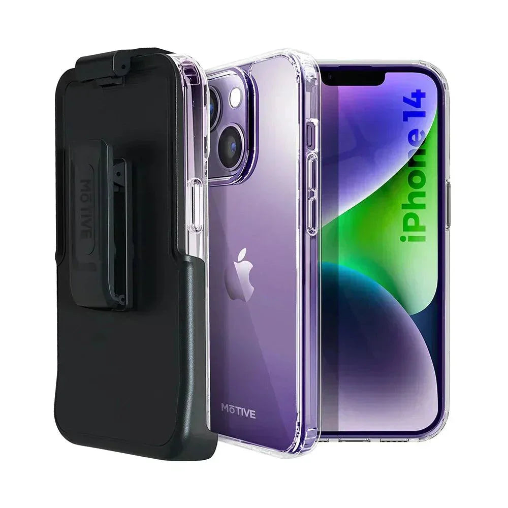 Clear iPhone 14 case with durable protection, holster, and kickstand.
