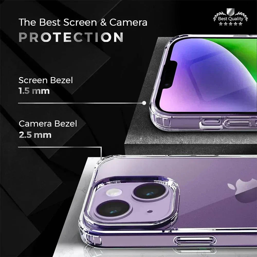 Clear iPhone 14 case with holster and kickstand, durable protection, military-grade, crystal-clear design.