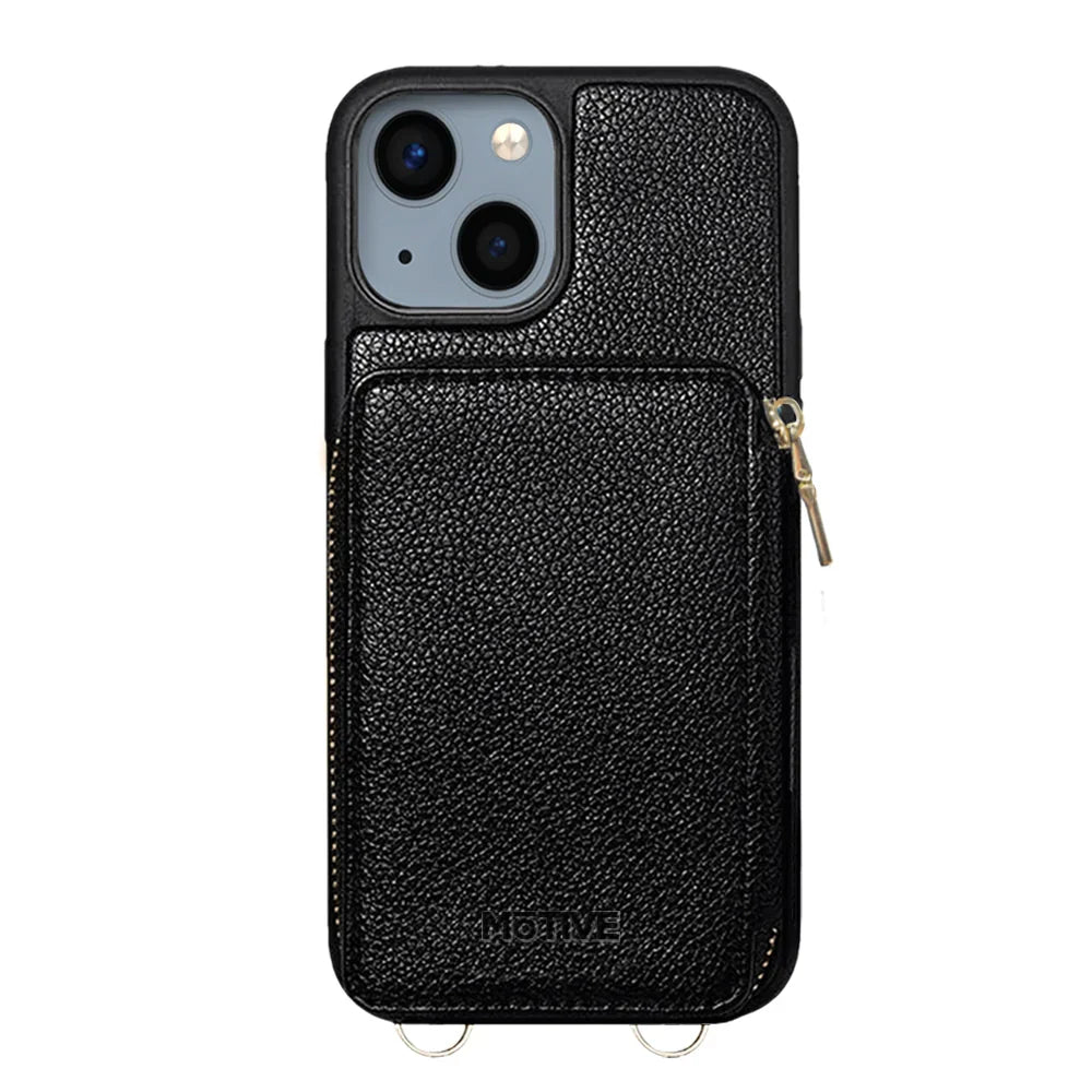 Wallet case for iPhone 14 Plus with zipper purse, RFID blocking, crossbody and wrist strap, ABS material, designed in New York.