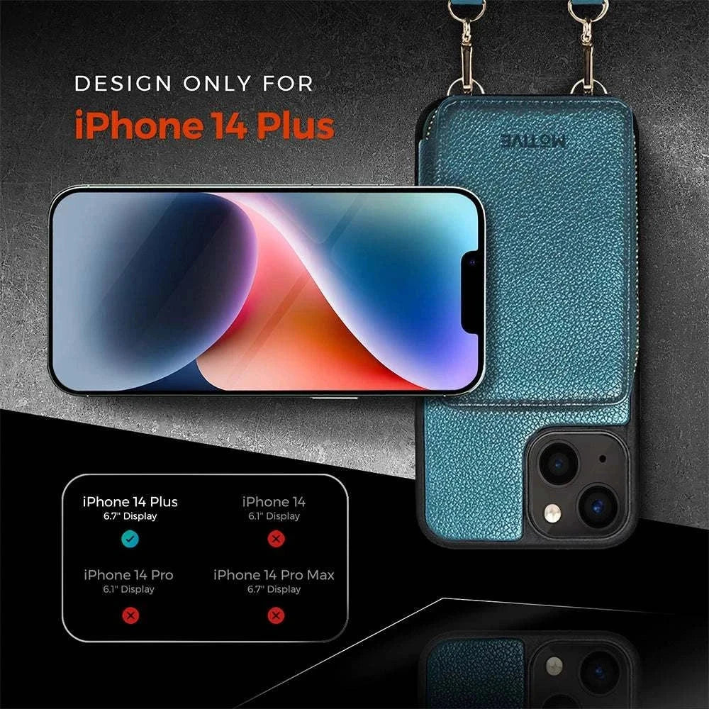 Wallet case for iPhone 14 Plus with zipper purse, RFID blocking, crossbody and wrist strap, camera protection, ABS material, designed in New York.