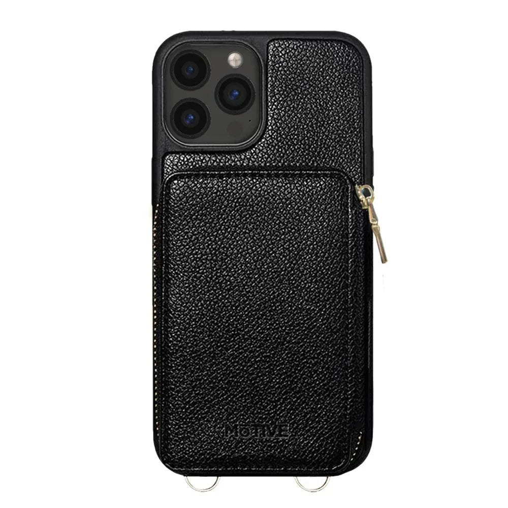 Wallet case for iPhone 14 Pro with zipper purse, RFID blocking, crossbody strap, and camera protection in black ABS material.