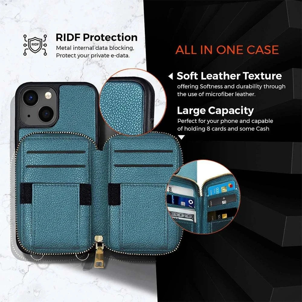 Zipper Wallet Case for iPhone 14 Plus with RFID Blocking, Crossbody Strap, and Camera Protection.