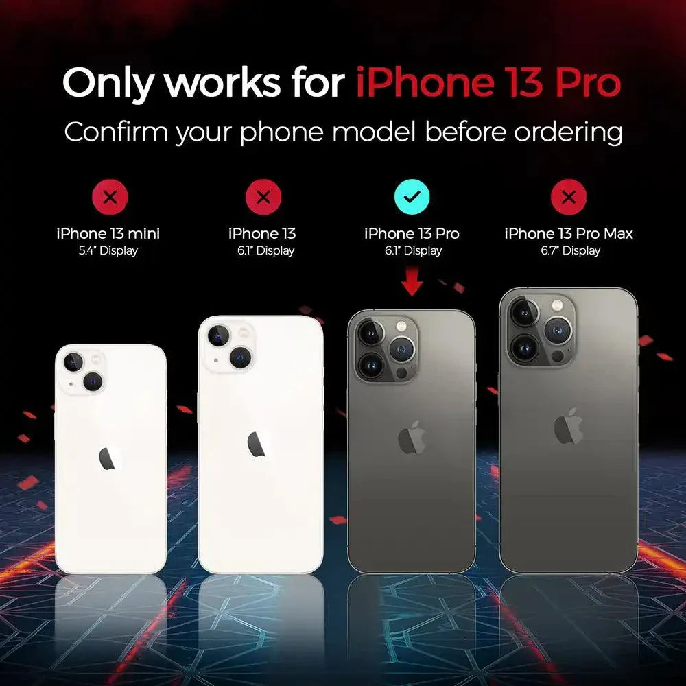 iPhone 13 Pro holster with belt clip and kickstand, highlighting phone model compatibility.