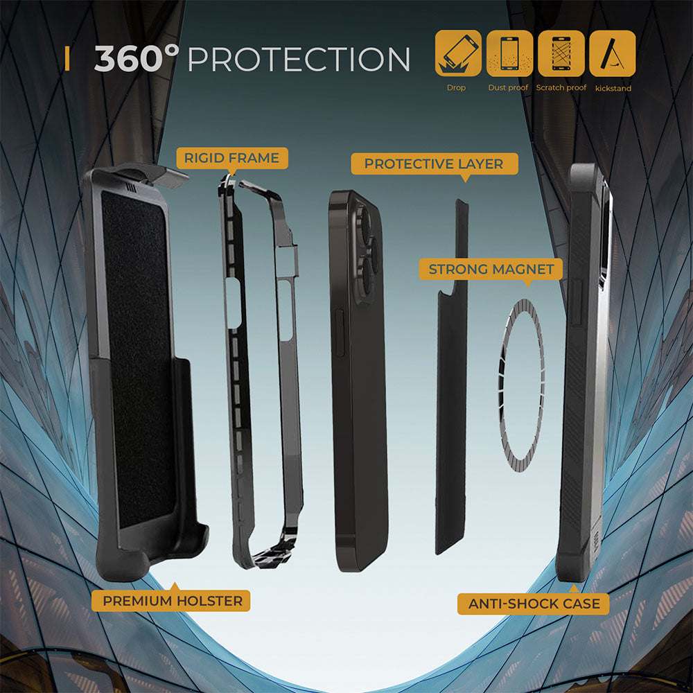iPhone 15 Pro heavy duty case with holster and kickstand, featuring 360-degree protection, military-grade shockproof design, and wireless