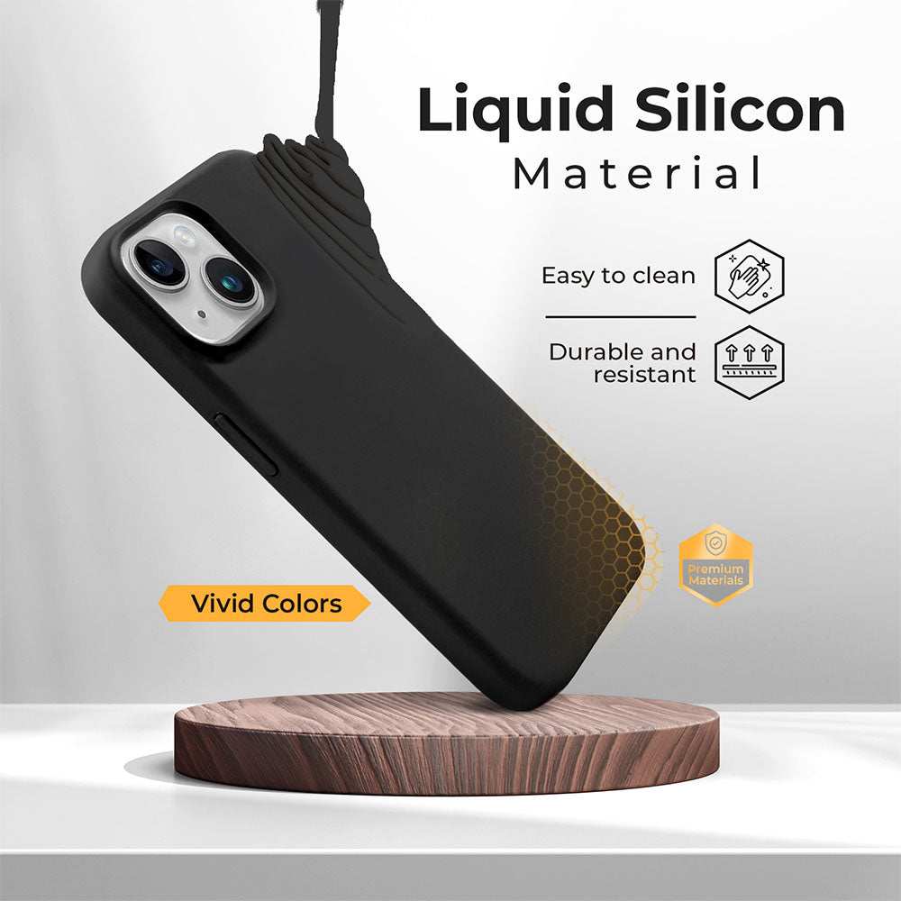 Liquid silicone slim case for iPhone 15 Plus, offers seamless charging and comprehensive protection, easy to clean, durable with