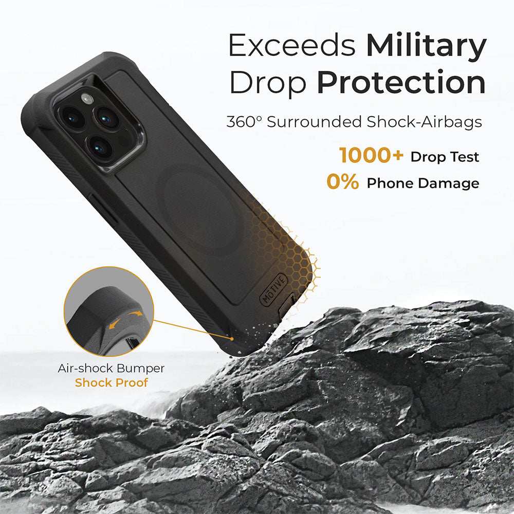 iPhone 15 Pro heavy duty case with holster, kickstand, and military-grade drop protection.