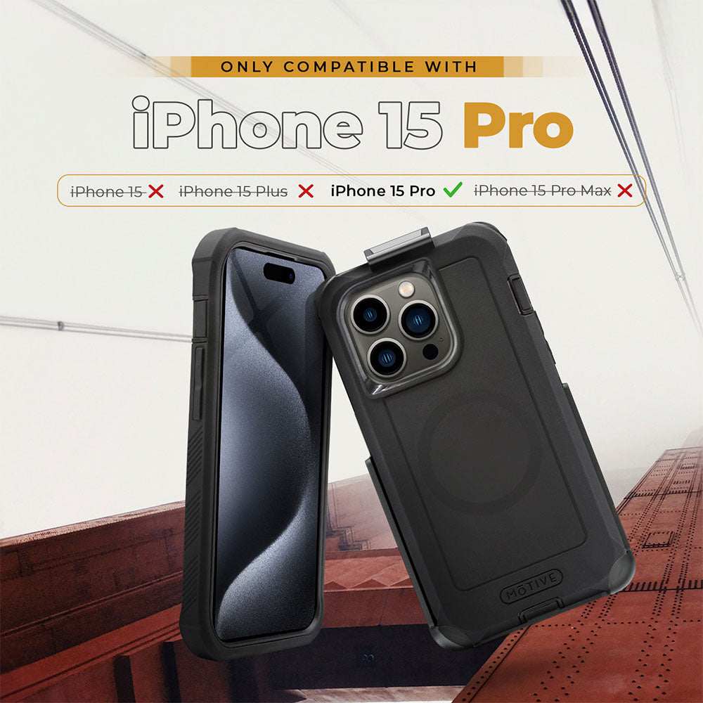 iPhone 15 Pro heavy duty case with holster and kickstand, quad-layer protection, shockproof, military-grade, wireless charging compatible.
