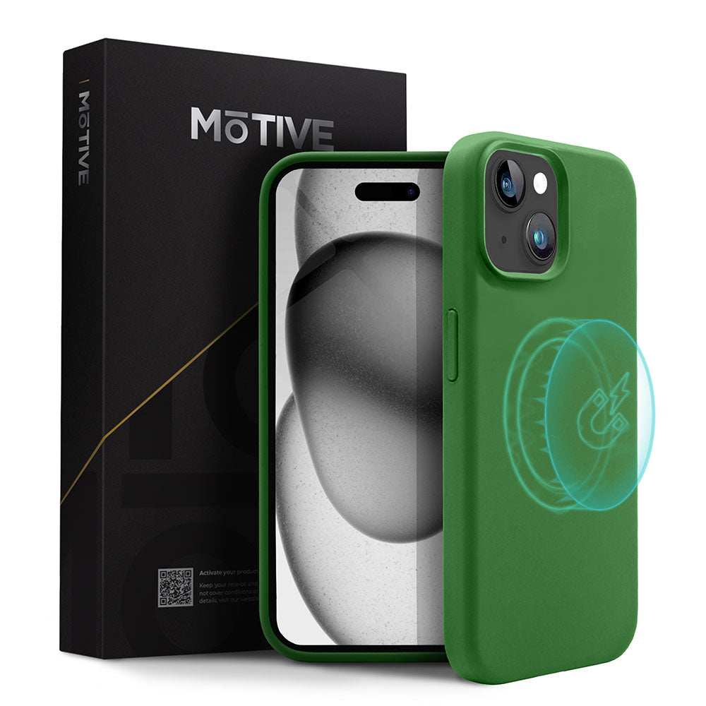 Liquid silicone slim case for iPhone 15 Plus, green, offers style, protection, and a seamless charging experience.