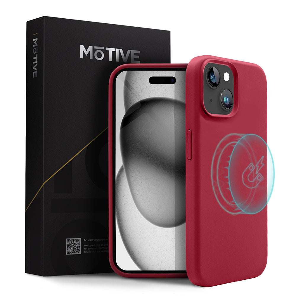 Silicone Case iPhone 15 Plus in red, sleek design, wireless charging compatible, for 6.7" model.
