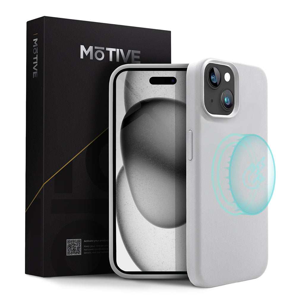 Silicone case for iPhone 15 Plus with wireless charging capability and elegant design.
