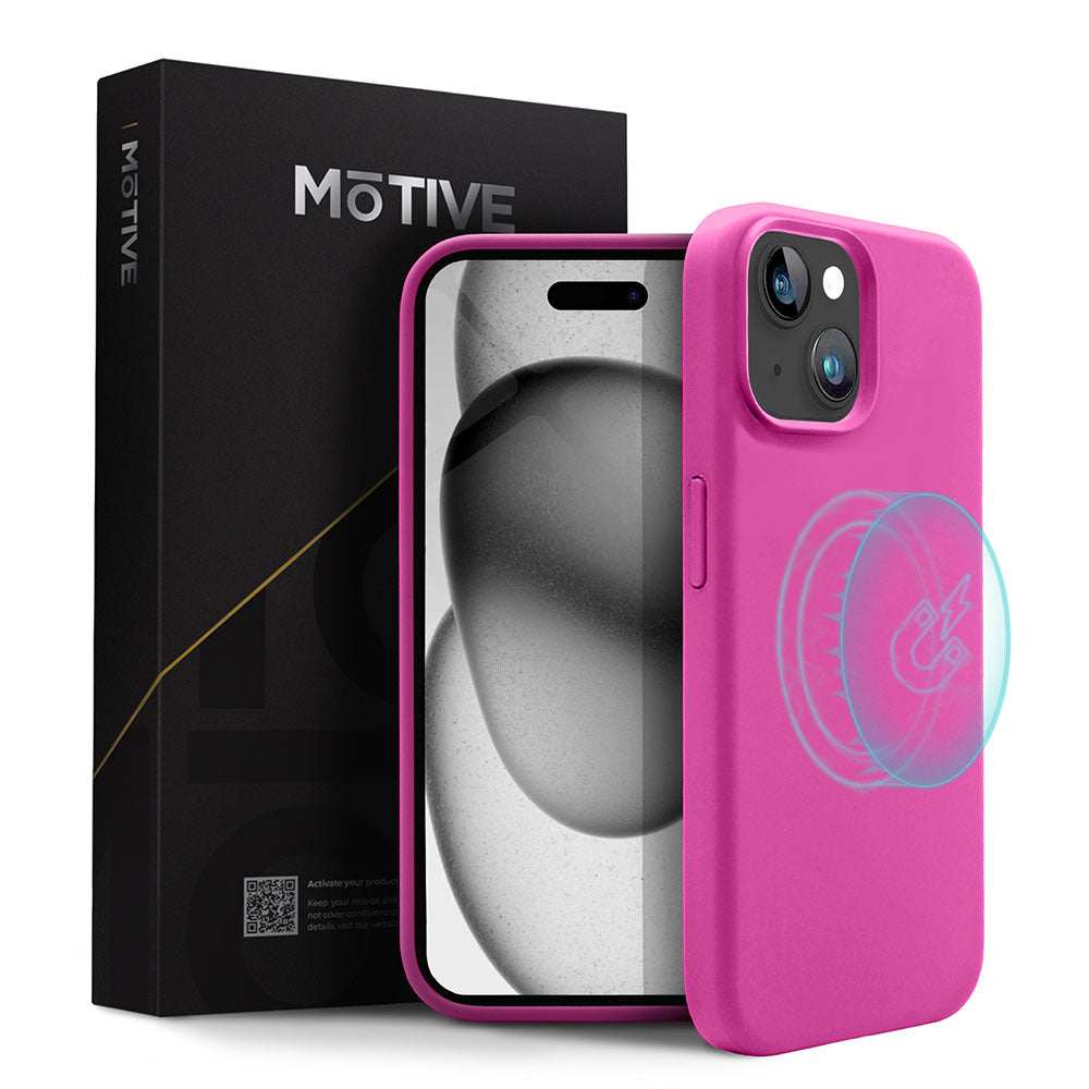Liquid silicone slim case for iPhone 15 Plus in bright pink, enhancing style and protection.