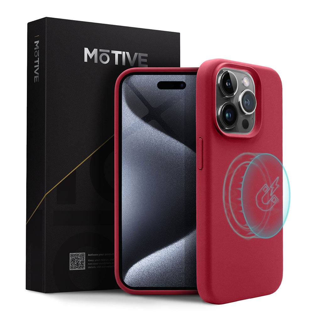 Silicone case for iPhone 15 Pro in red, slim fit, designed for style and protection, with wireless charging compatibility.