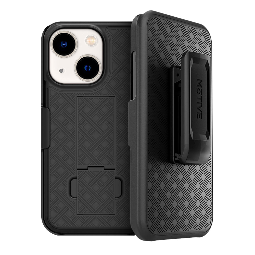 iPhone 14 holster case with belt clip, kickstand, and textured design.
