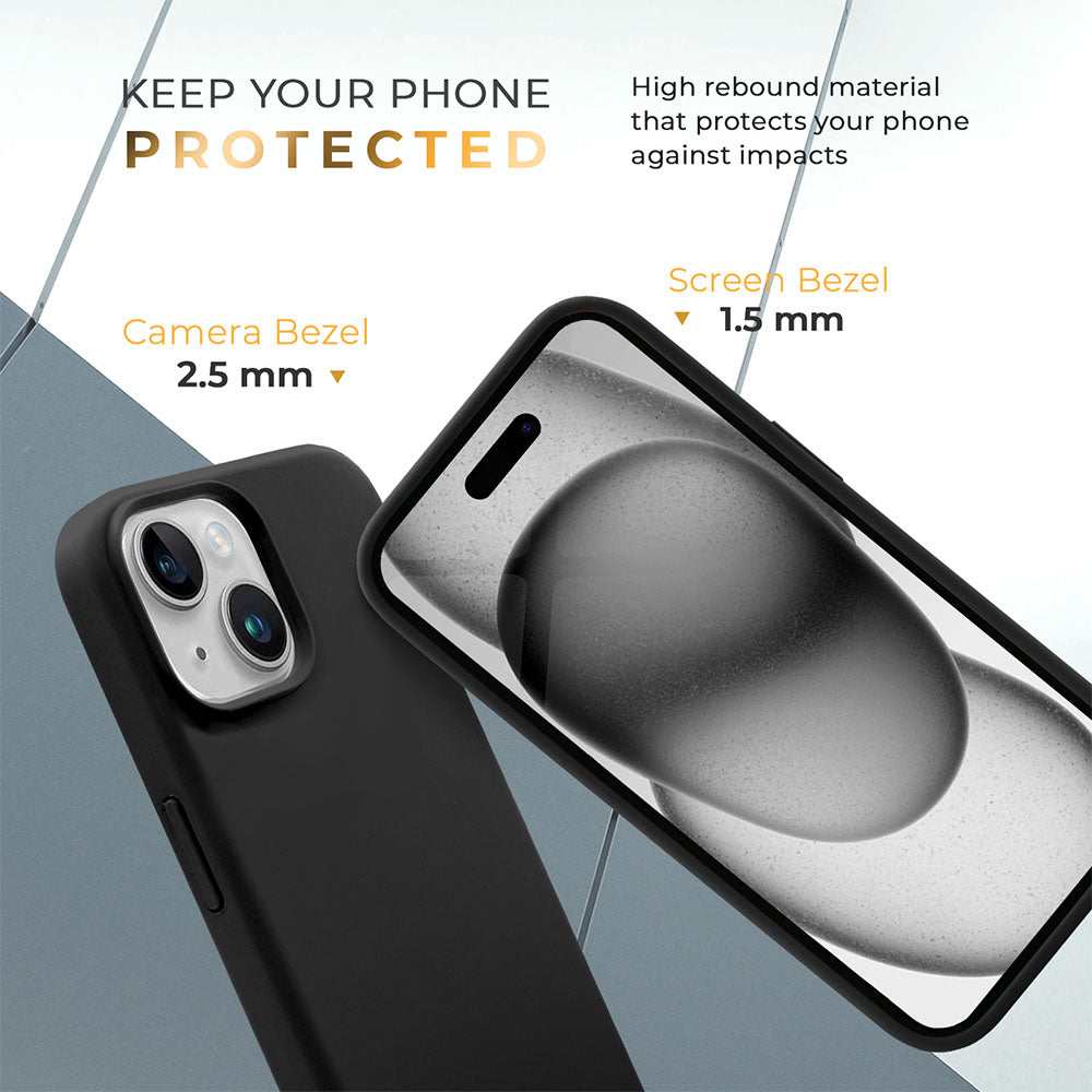 Liquid silicone slim case for iPhone 15 Plus with seamless charging, comprehensive protection, and sophisticated design.