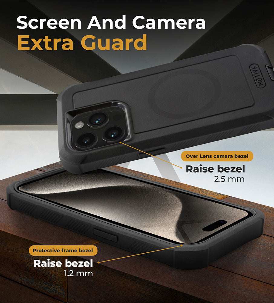 iPhone 15 Pro Max heavy-duty case with belt clip, kickstand, and raised bezels for screen and camera protection.