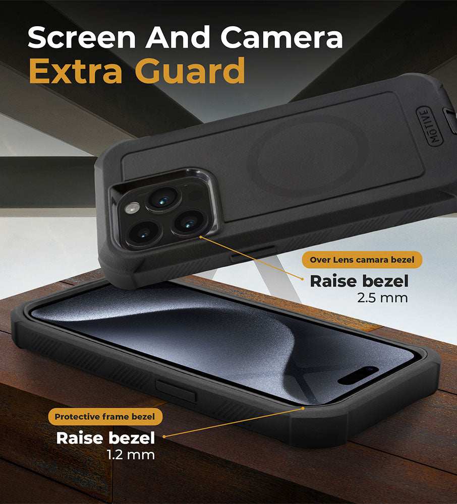 Heavy duty iPhone 15 Pro case with holster, kickstand, and raised bezels for screen and camera protection.
