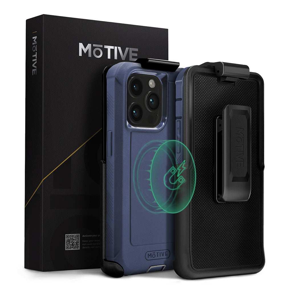 iPhone 15 Pro heavy duty case with holster and kickstand, offering rugged quad-layer protection and wireless charging compatibility.