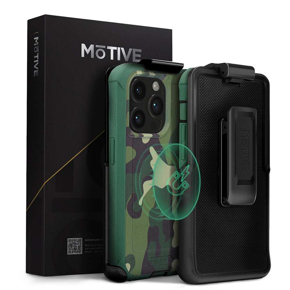 iPhone 15 Pro heavy duty case with holster and kickstand, featuring military-grade protection and wireless charging compatibility.