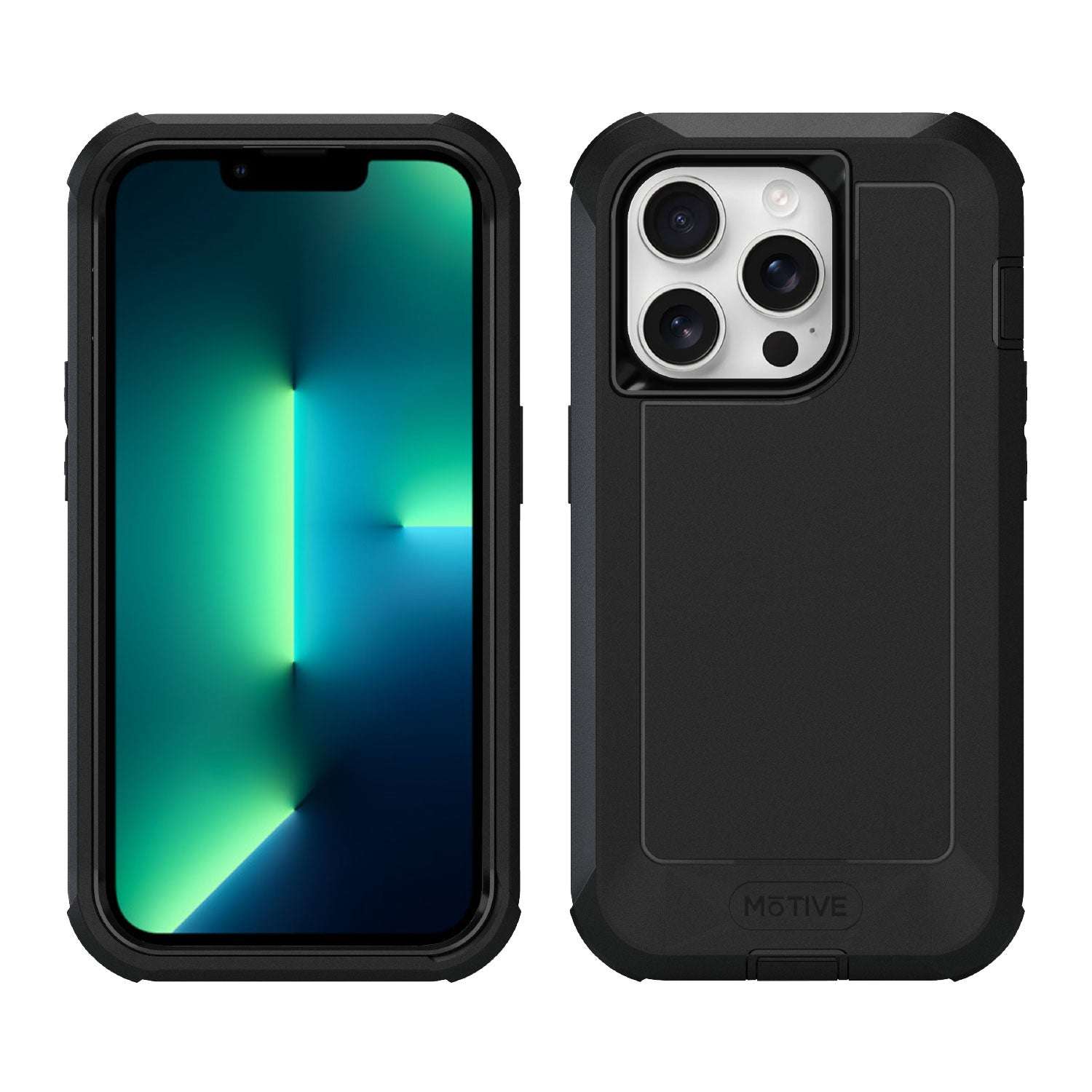 The Motivecase Bunker case for iPhone 13 shown without its holster, displaying its rugged profile.