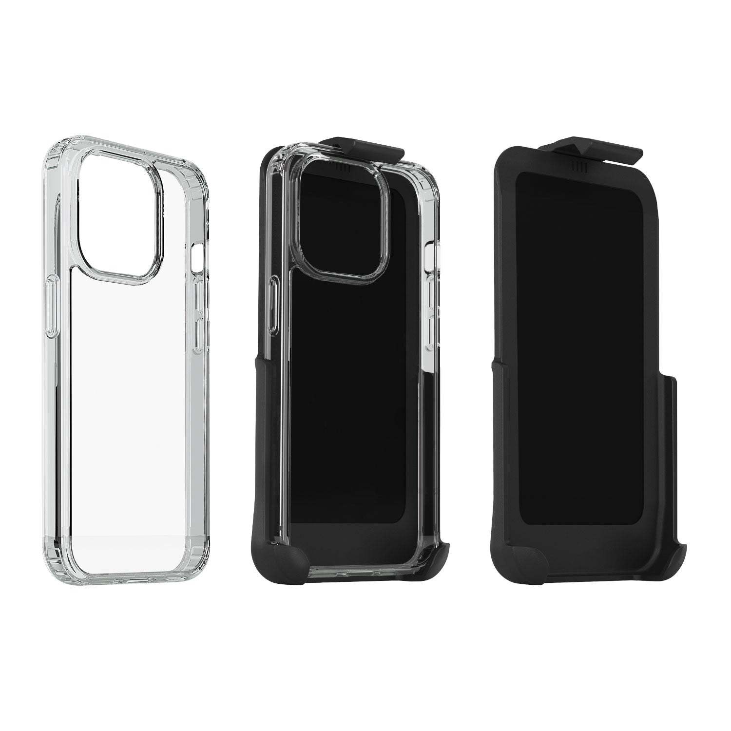The complete Motivecase Crystal system for iPhone 14, showing the clear case, the holster, and the combined unit separately.