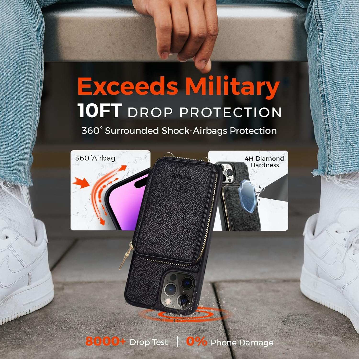 Demonstrating the 10ft drop protection of the Motivecase Fancy Series case for the iPhone 14.