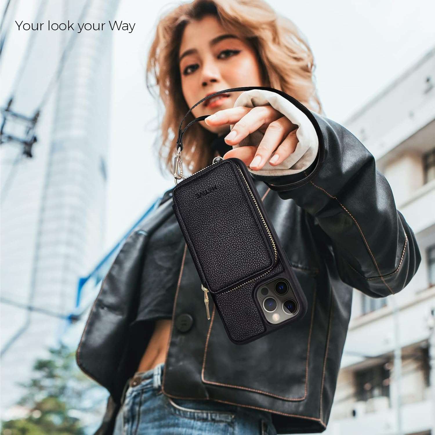 A stylish woman wearing the Motivecase Fancy Series crossbody case for the iPhone 14, showcasing the "Your Look, Your Way" versatility.