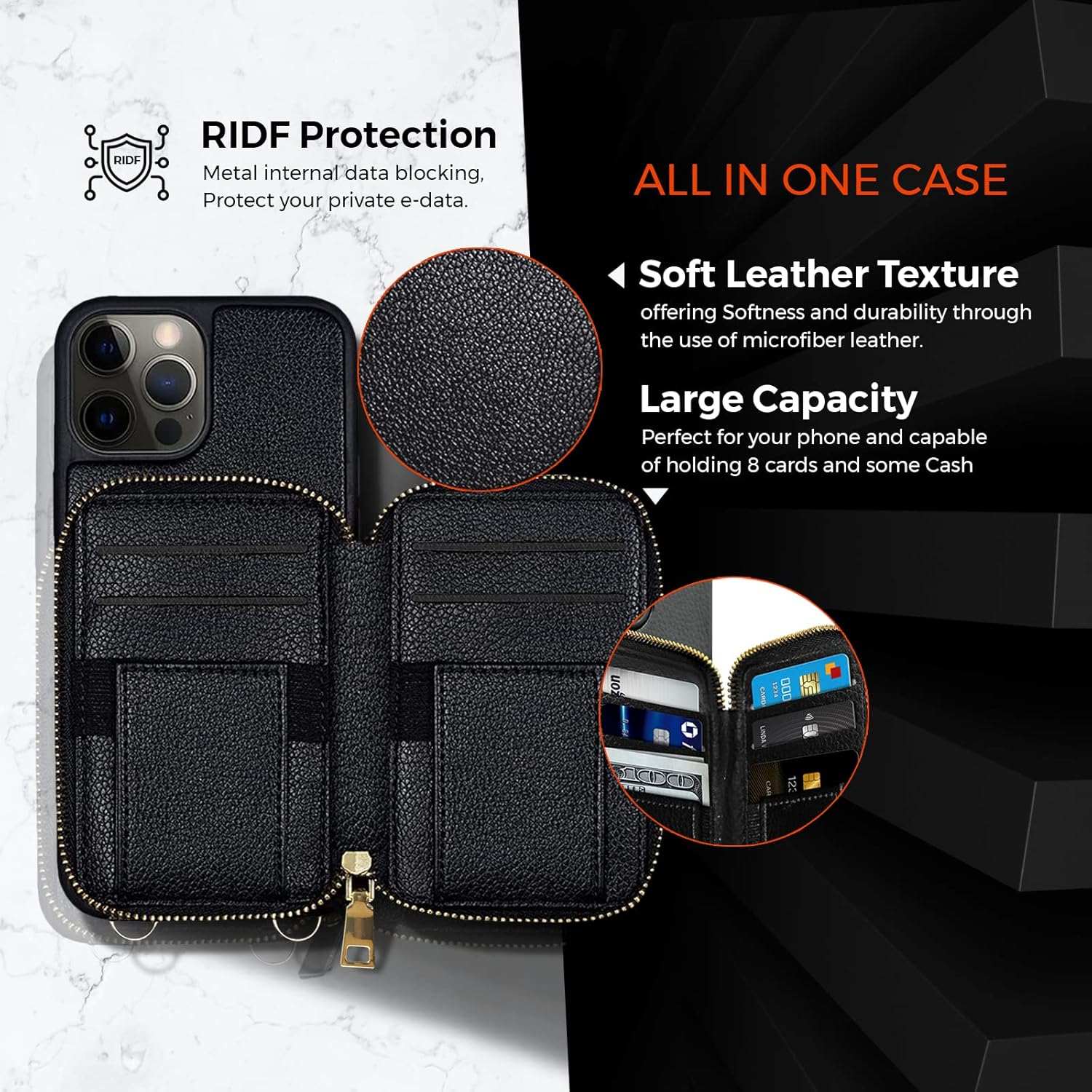 The all-in-one Motivecase Fancy Series crossbody wallet case for iPhone 14, showing its soft leather texture and large capacity.