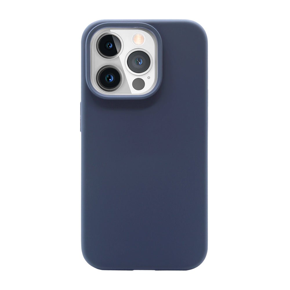 The Motivecase Luxeliquid Silicone case in Navy Blue on an iPhone 15 Pro Max.