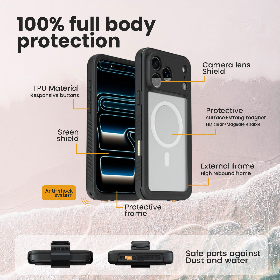 Diagram of the iPhone 17 Pro Waterproof case showing 100% full body protection, featuring TPU material, built-in screen and camera lens shields, and ports sealed against dust and water.