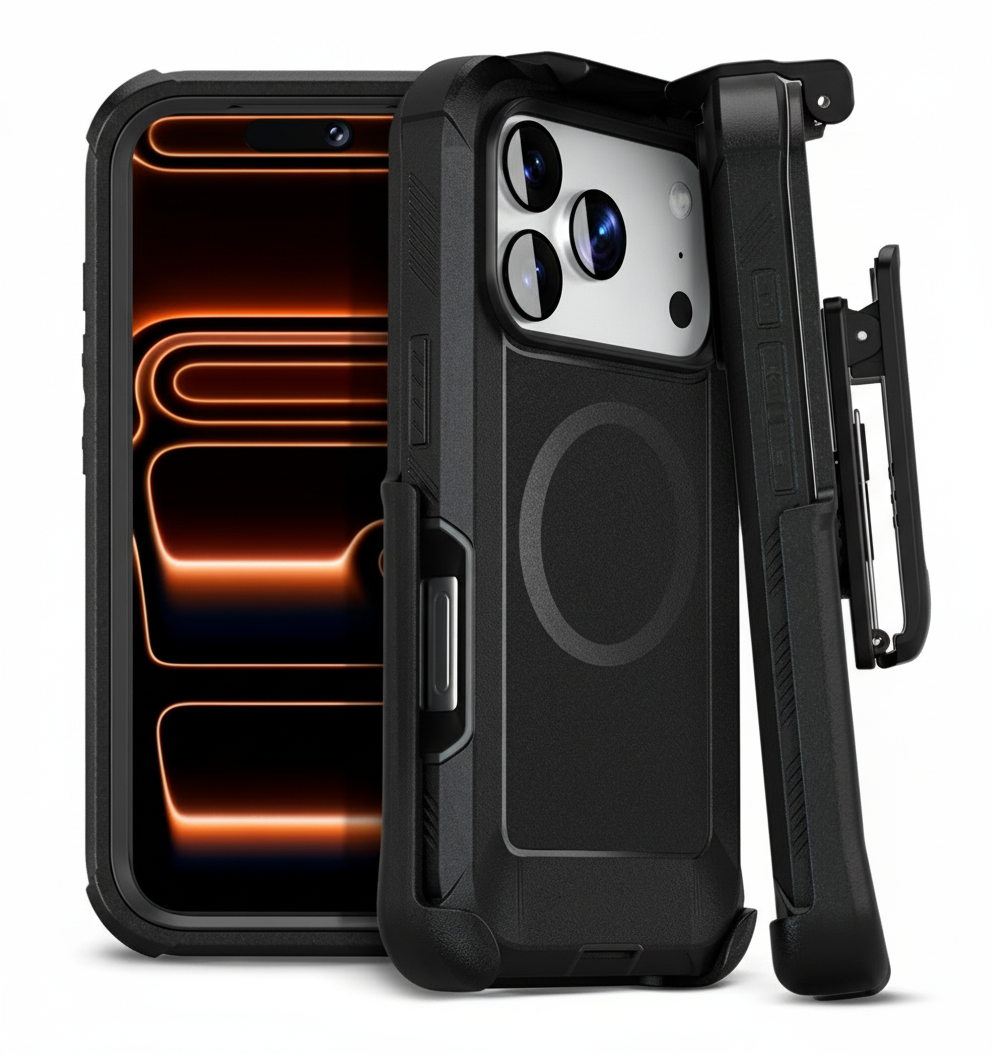 Front, back, and profile views of the Motivecase Bunker Series heavy duty case for iPhone 17 Pro Max, showing the quad-layer design and precise fit