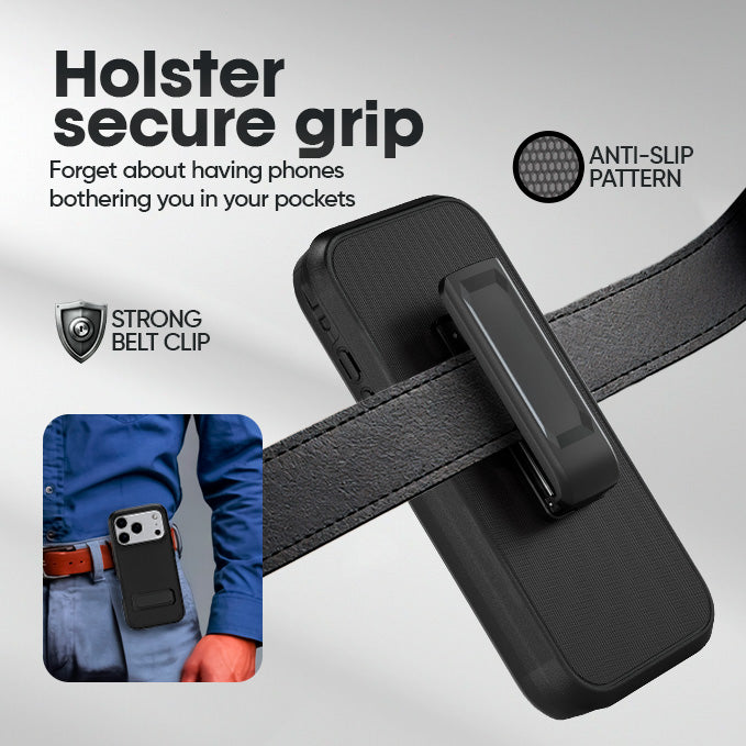 The Motivecase Ranger V2 holster for iPhone 17 Pro Max, showing the secure belt clip attached to a belt for reliable daily carrying.