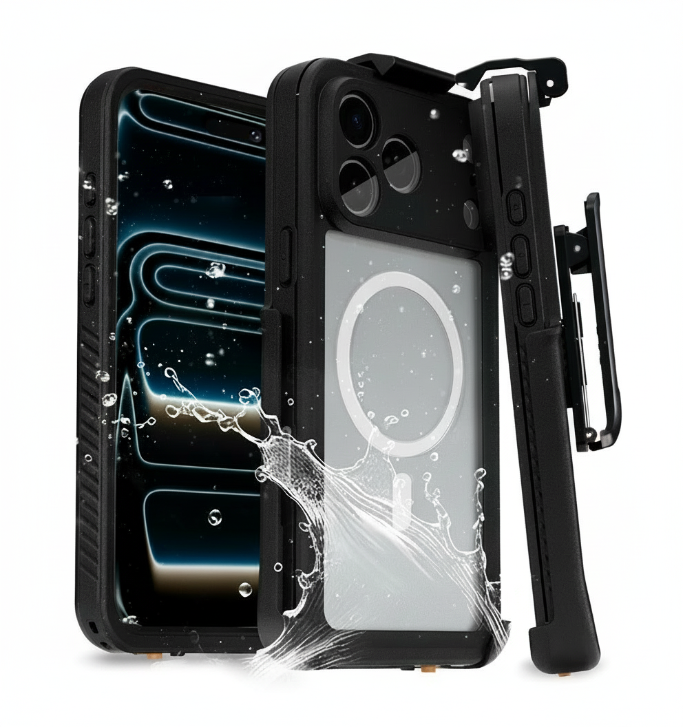 Front, back, and profile views of the iPhone 17 Pro Waterproof Series case with a water splash, highlighting superior water resistance and IP68 sealing.