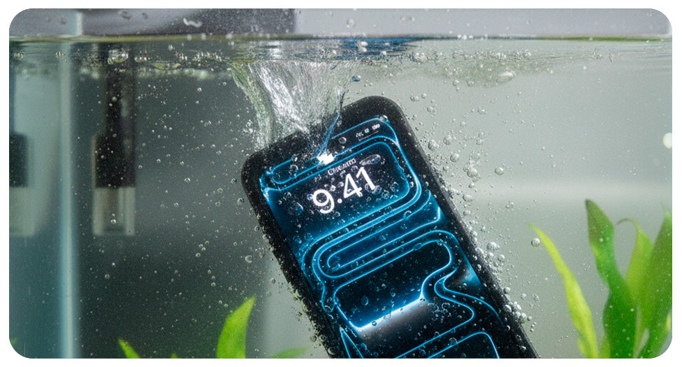 An iPhone 17 in a Motivecase Waterproof case submerged and functioning underwater, demonstrating its IP68 submersible rating.